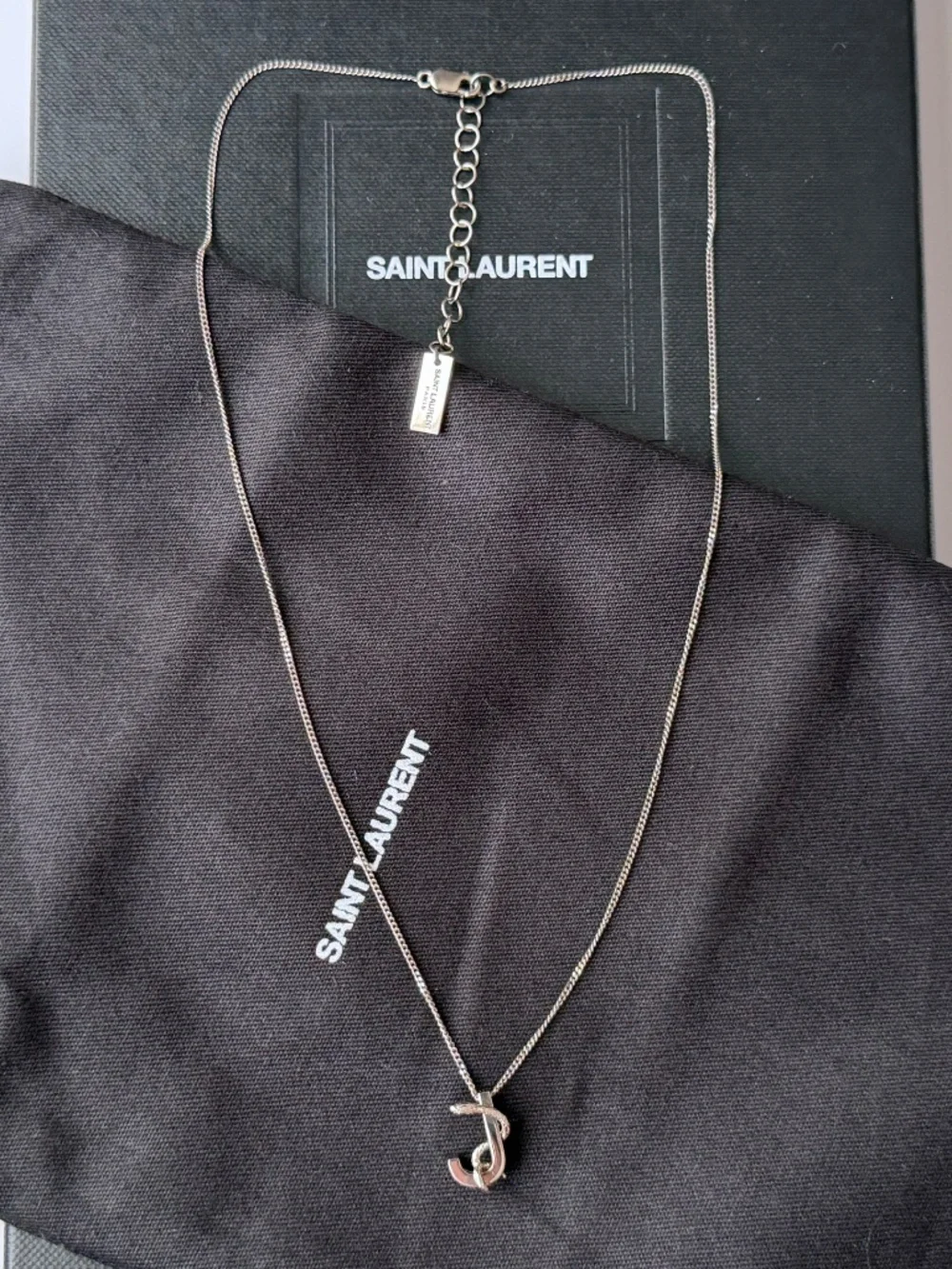 Saint Laurent YSL Sterling Silver J Initial Letter Snake Pendant Chain Necklace